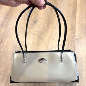 Beijo Uptown Gold Patent Leather Purse Satchel Champagne Black Double Handle